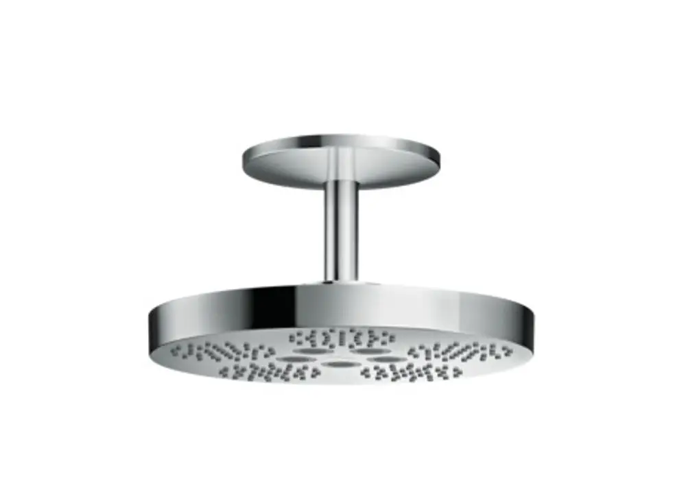 Kopfbrennensystem von AXOR in Chrom mit Deckenanschluss. Rundes Design mit gleichmäßiger Wasserverteilung. Ideal für moderne Badezimmer.
